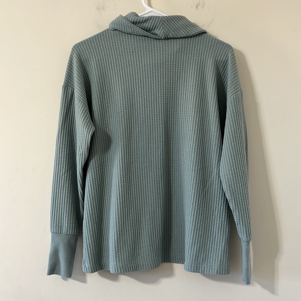 LOFT Waffle Knit Cowl Neck Blue Green Long Sleeve Sweater Size Small - Picture 7 of 7